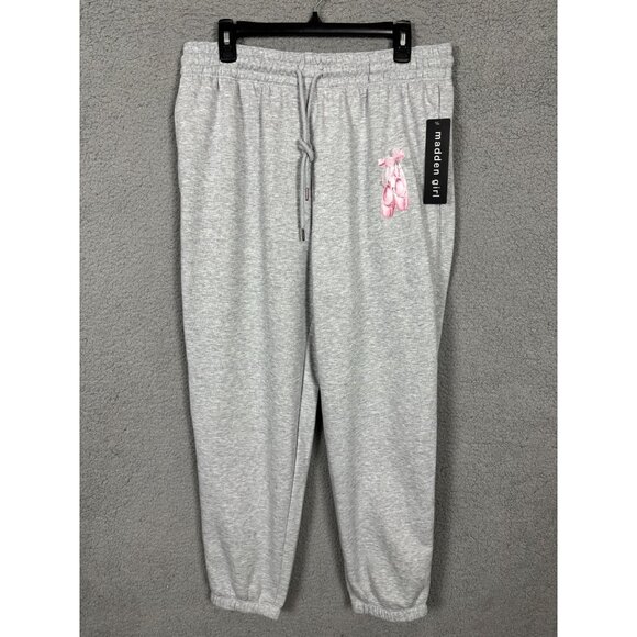 Madden Girl Junior's Gray Fleece Jogger Sweatpants Pink Ballet Design XL NWT's - Picture 1 of 7